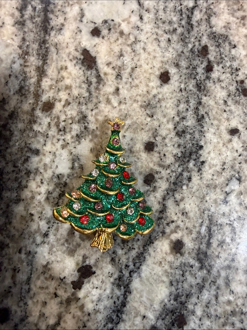 Vintage Brooch Christmas Green and Red Enamel Christmas Tree Pin with Gold Trim